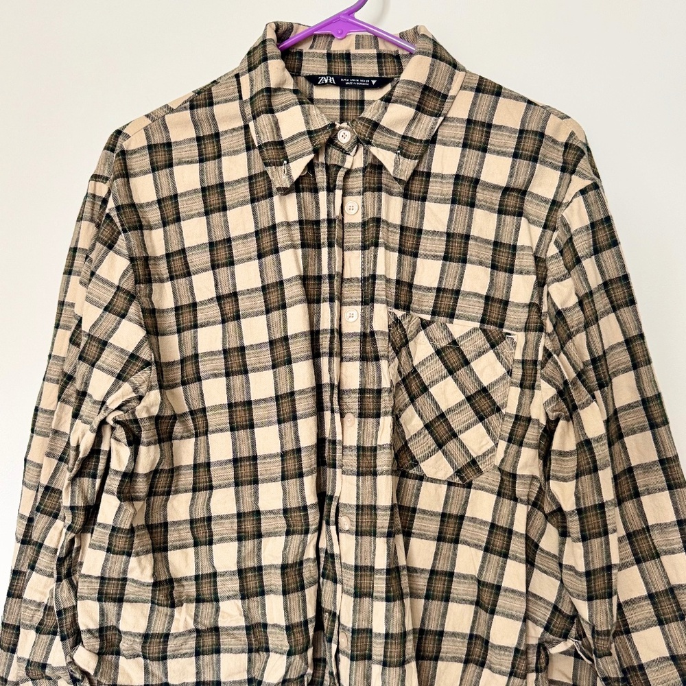Zara Oversized Cream and Green Flannel